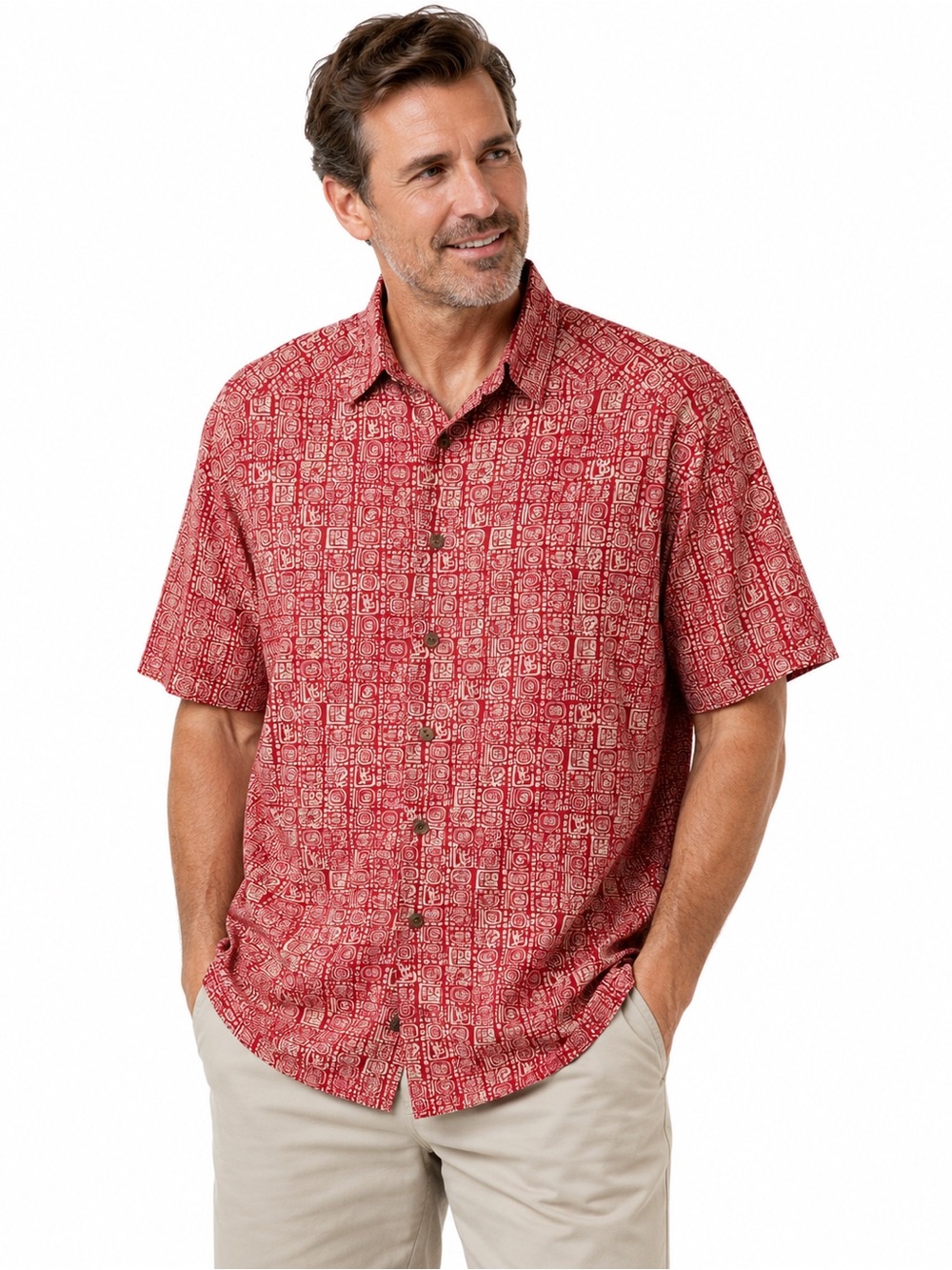 Vintage L.L.Bean Men’s L Red Tribal Print 100% Cotton Camp Shirt Button Up